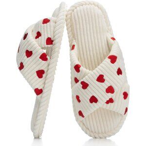 ⚡Women Love Heart Cotton Memory Foam Bedroom Corduroy Crossbands Open Toe Shoes